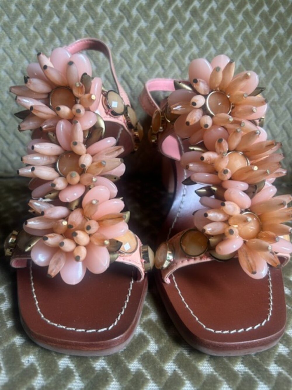 Tory Burch Coral Sorbet Patent Leather Tallulah Beaded Studded T-Strap Sandals